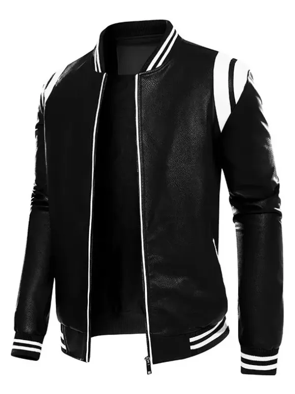 Men's Unisex Plus Size Leather Jacket Color Block Striped Zip up Stand Collar Moto Jackets