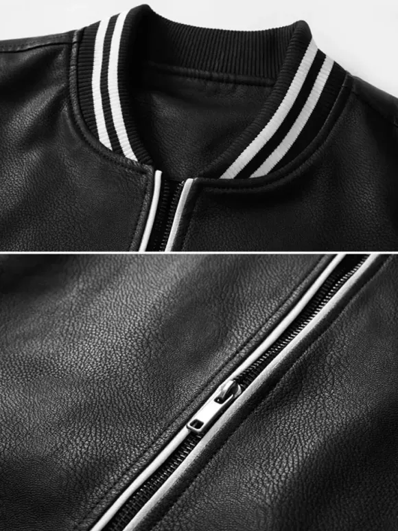 Men's Unisex Plus Size Leather Jacket Color Block Striped Zip up Stand Collar Moto Jackets