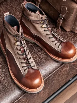 Men's Velvet Martin Work Motorcycle Boots Deep Brown Cowhide Round Toe Short Boots