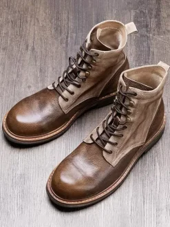 Men's Velvet Martin Work Motorcycle Boots Deep Brown Cowhide Round Toe Short Boots