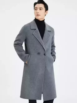 Men's Warm Woolen Coat Turn Down Collar Lapel Chic Long Winter Jacket