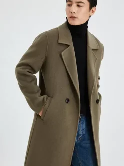 Men's Warm Woolen Coat Turn Down Collar Lapel Chic Long Winter Jacket