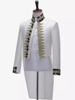 Men's White Retro Royal Court Top Elegant Long Sleeves Overcoat Retro Performance Costumes