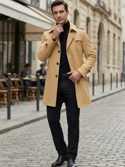 Men's Windbreaker Simple Mid-Length Windbreaker Jacket Business Lapel Trench Coat