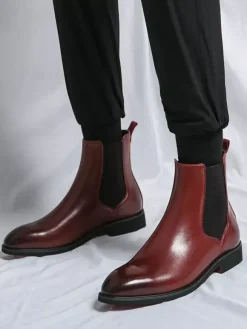 Mens Wine Red Chelsea Boots Pointed Toe Low Heel Elastic Ankle Boots Dress Casual Slip-On