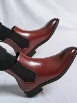 Mens Wine Red Chelsea Boots Pointed Toe Low Heel Elastic Ankle Boots Dress Casual Slip-On