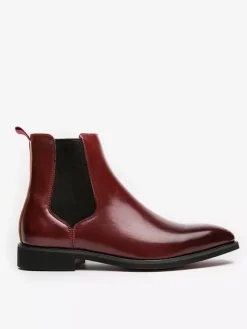 Mens Wine Red Chelsea Boots Pointed Toe Low Heel Elastic Ankle Boots Dress Casual Slip-On