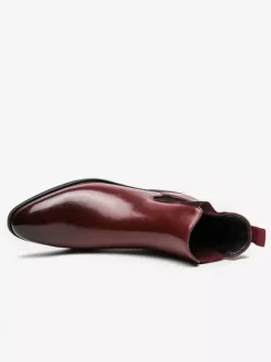 Mens Wine Red Chelsea Boots Pointed Toe Low Heel Elastic Ankle Boots Dress Casual Slip-On