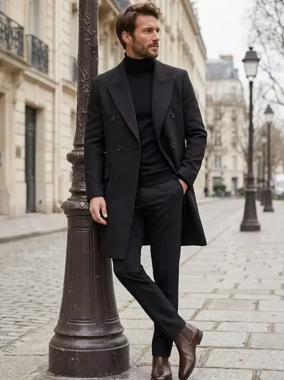 Men's Winter Woolen Coats Mid-Length Double-Breasted Suits