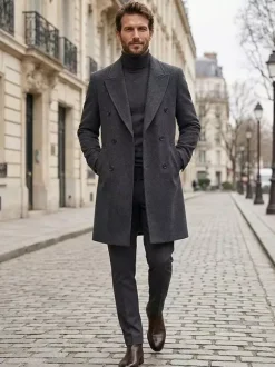Men's Winter Woolen Coats Mid-Length Double-Breasted Suits