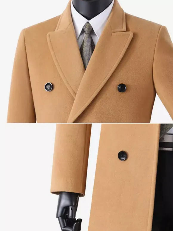 Men's Woolen Coats Mid-Length Double-Breasted Longline Pea Coats