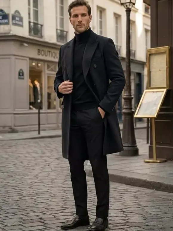 Men's Woolen Coats Mid-Length Double-Breasted Longline Pea Coats