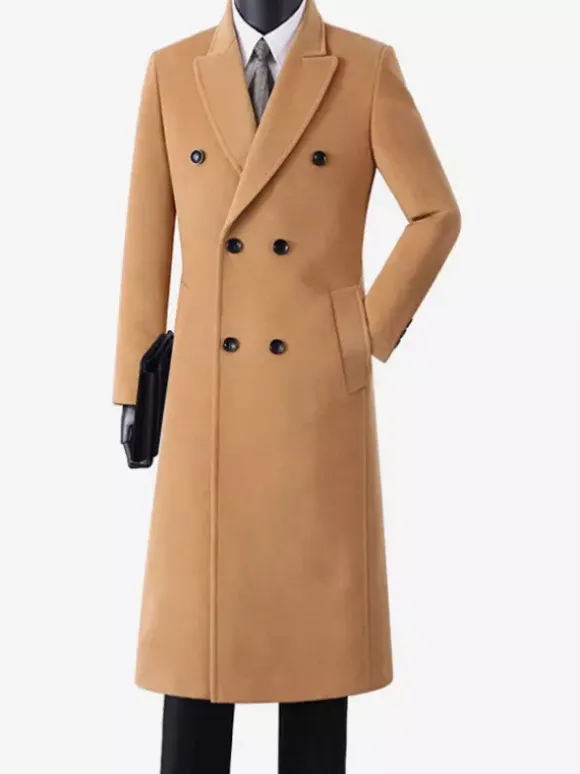 Men's Woolen Coats Mid-Length Double-Breasted Longline Pea Coats