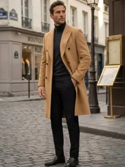 Men's Woolen Coats Mid-Length Double-Breasted Longline Pea Coats