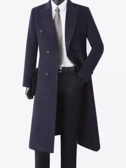 Men's Woolen Coats Mid-Length Double-Breasted Longline Pea Coats