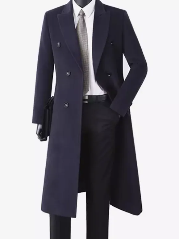 Men's Woolen Coats Mid-Length Double-Breasted Longline Pea Coats