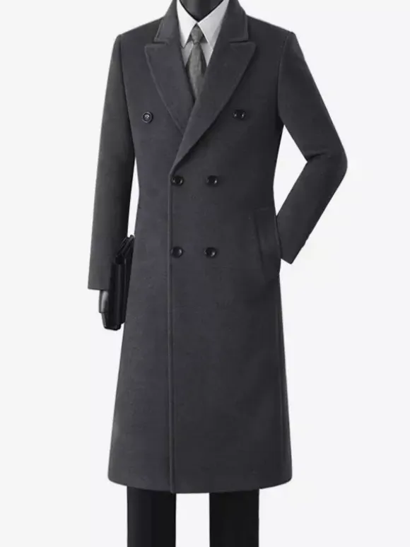 Men's Woolen Coats Mid-Length Double-Breasted Longline Pea Coats
