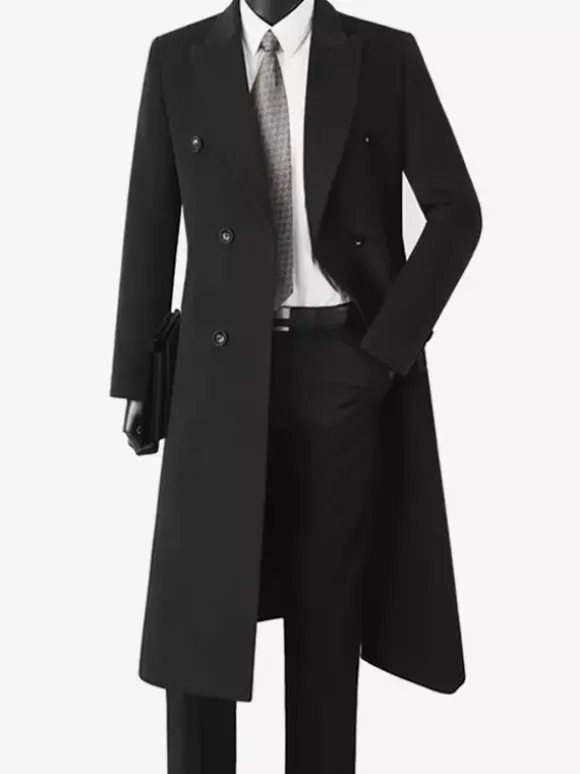 Men's Woolen Coats Mid-Length Double-Breasted Longline Pea Coats
