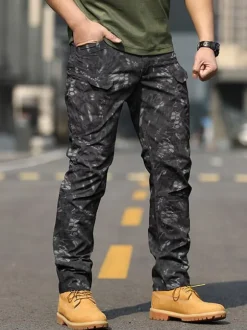 Men Trousers Casual Camouflage Natural Waist Straight Cargo Pant Black Pants