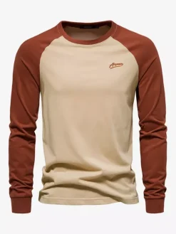 Men T-shirts Jewel Neck Color Block Long Sleeves Top