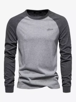Men T-shirts Jewel Neck Color Block Long Sleeves Top