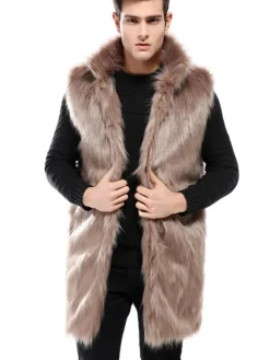 Men Winter Overcoat Brown Sleeveless Fluffy Coat Turndown Collar Faux Fur Coat