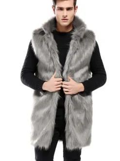 Men Winter Overcoat Brown Sleeveless Fluffy Coat Turndown Collar Faux Fur Coat