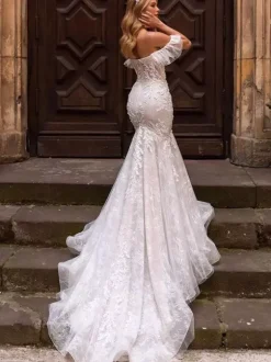 Mermaid Wedding Dress Lace Dress Sweetheart Neck Natural Waist Lace With Train Bridal Gowns