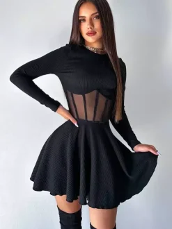 Mesh Corset Mini Dress For Women - Long Sleeve Ribbed Skater Dress - Spring Night Out Club Party 2026