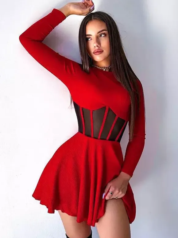 Mesh Corset Mini Dress For Women - Long Sleeve Ribbed Skater Dress - Spring Night Out Club Party 2026