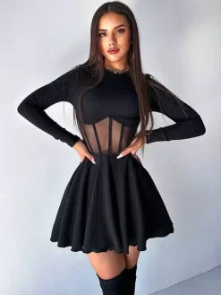 Mesh Corset Mini Dress For Women - Long Sleeve Ribbed Skater Dress - Spring Night Out Club Party 2026
