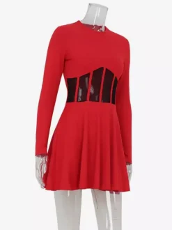 Mesh Corset Mini Dress For Women - Long Sleeve Ribbed Skater Dress - Spring Night Out Club Party 2026
