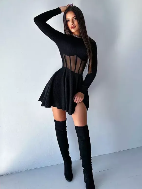 Mesh Corset Mini Dress For Women - Long Sleeve Ribbed Skater Dress - Spring Night Out Club Party 2026