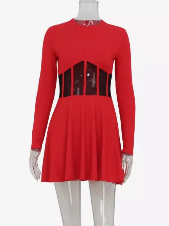 Mesh Corset Mini Dress For Women - Long Sleeve Ribbed Skater Dress - Spring Night Out Club Party 2026