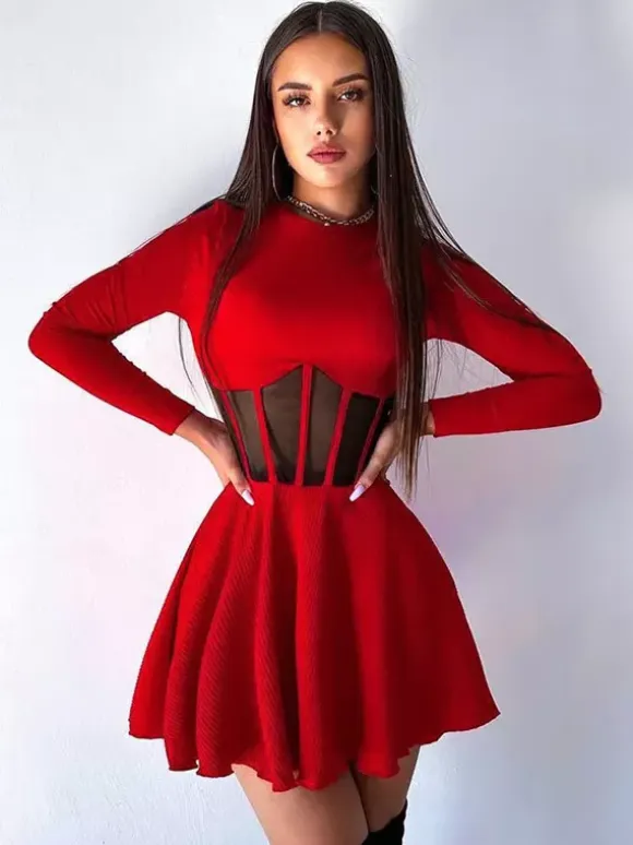 Mesh Corset Mini Dress For Women - Long Sleeve Ribbed Skater Dress - Spring Night Out Club Party 2026