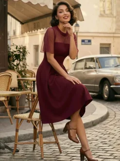 Mesh Patchwork Sheer Sleeve Round Neck Elegant Party Flare Dress For Women 2026