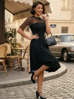 Mesh Patchwork Sheer Sleeve Round Neck Elegant Party Flare Dress For Women 2026