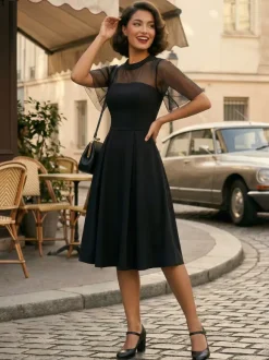 Mesh Patchwork Sheer Sleeve Round Neck Elegant Party Flare Dress For Women 2026