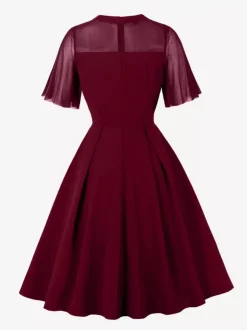 Mesh Patchwork Sheer Sleeve Round Neck Elegant Party Flare Dress For Women 2026
