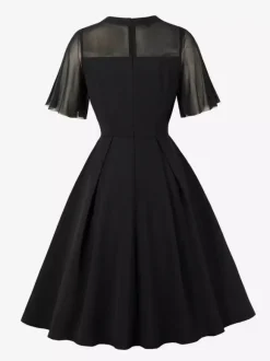 Mesh Patchwork Sheer Sleeve Round Neck Elegant Party Flare Dress For Women 2026
