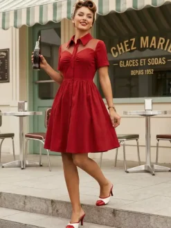Mesh Patchwork Sweetheart Neck Single Breasted Pinup Rockabilly Dress For Women 2026
