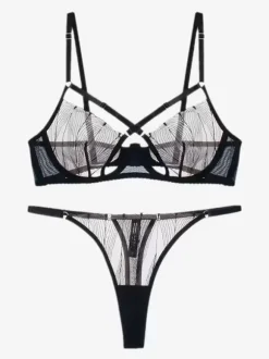 Mesh Sheer See Through Chic Lingerie 2-Piece Black Bra Panty Sets