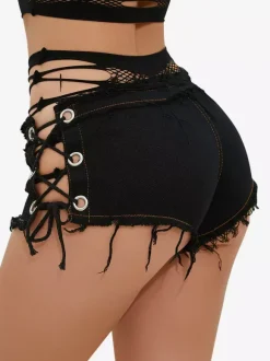 Mesh Patch Back Side Lace Up Raw Hem Denim Micro Hot Shorts Multi Color Booty Shorts