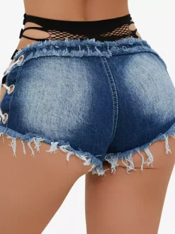 Mesh Patch Back Side Lace Up Raw Hem Denim Micro Hot Shorts Multi Color Booty Shorts