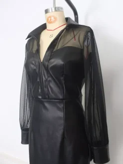Mesh Patchwork V-Neck Faux Leather Slim Fit Puff Sleeve Midi Dress In Black For Women 2026
