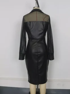 Mesh Patchwork V-Neck Faux Leather Slim Fit Puff Sleeve Midi Dress In Black For Women 2026