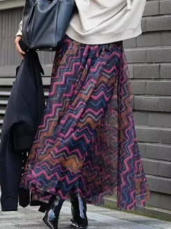 Mesh Skirt With Wavy Stripes Flowing Long Skirt For Women 2026