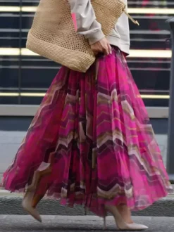 Mesh Skirt With Wavy Stripes Flowing Long Skirt For Women 2026