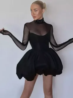 Mesh Sleeve Mini Dress For Women - Black Elegant Mock Neck Puff Skater - Spring Evening Cocktail 2026