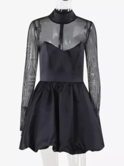 Mesh Sleeve Mini Dress For Women - Black Elegant Mock Neck Puff Skater - Spring Evening Cocktail 2026